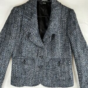 Ellen Tracy Blazer Jacket Women's Gray Black Blue Tweed Button Wool Blend 4